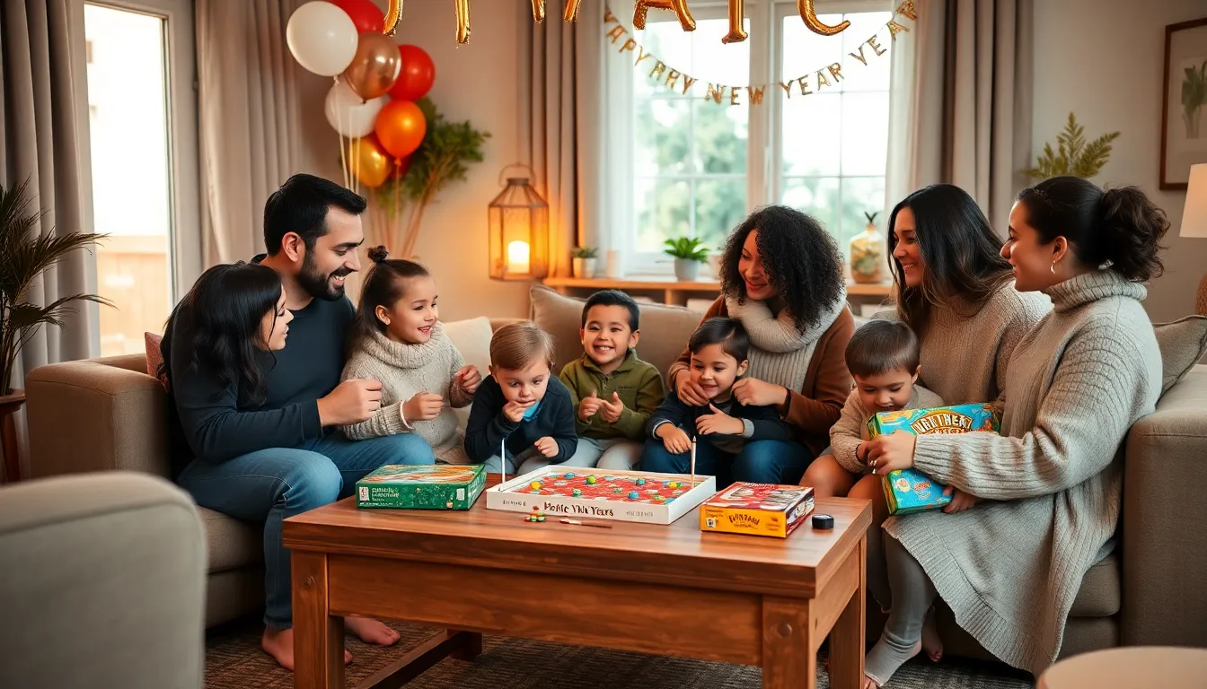 diverse family enjoying games together in a festive living room.